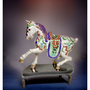 Vintage Chinese Cloisonne Enamel Galloping Tang Horse Statue Figurine 8"X10"